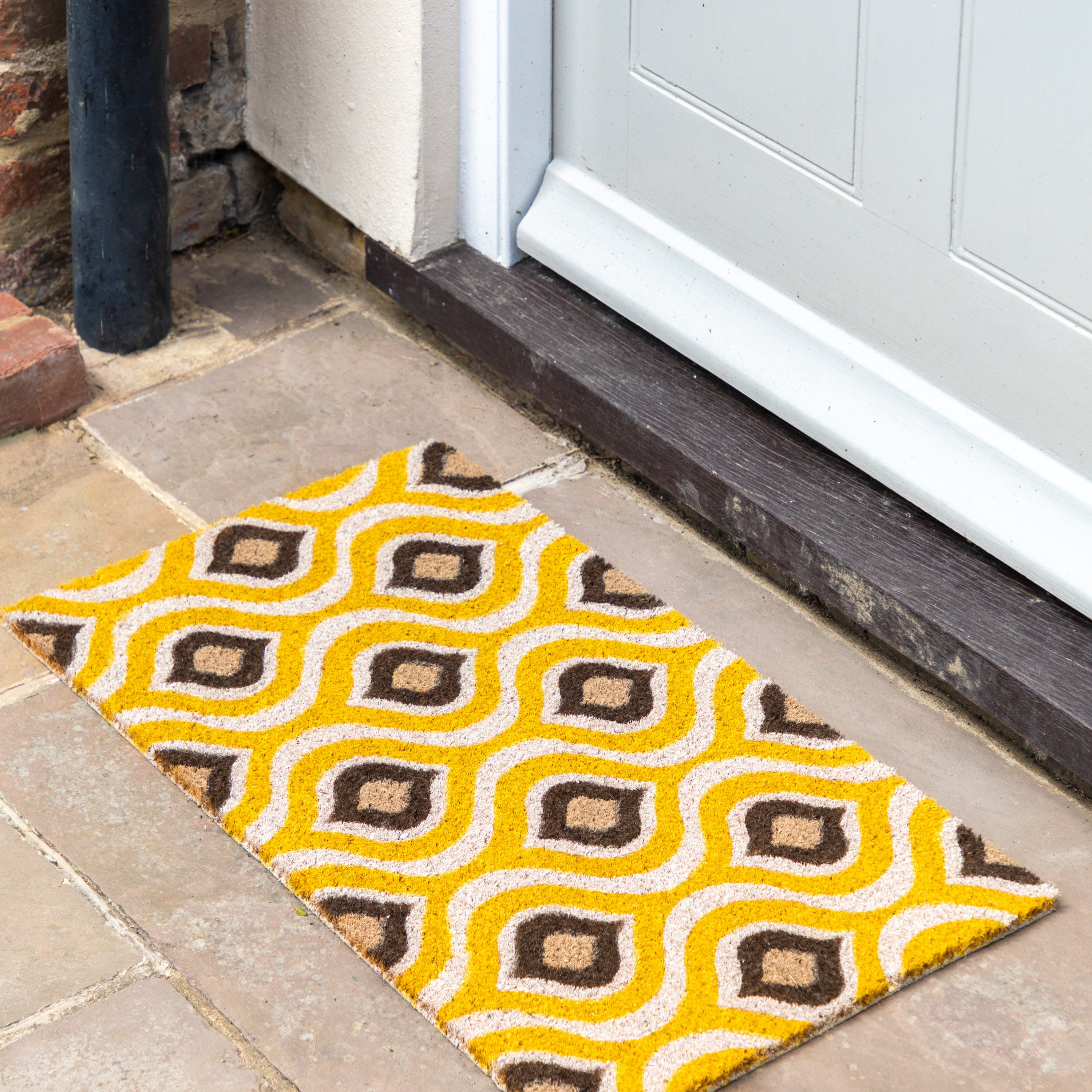 Cedar Sage Geo Ikat Design Coir Doormat Yellowbrownwhite