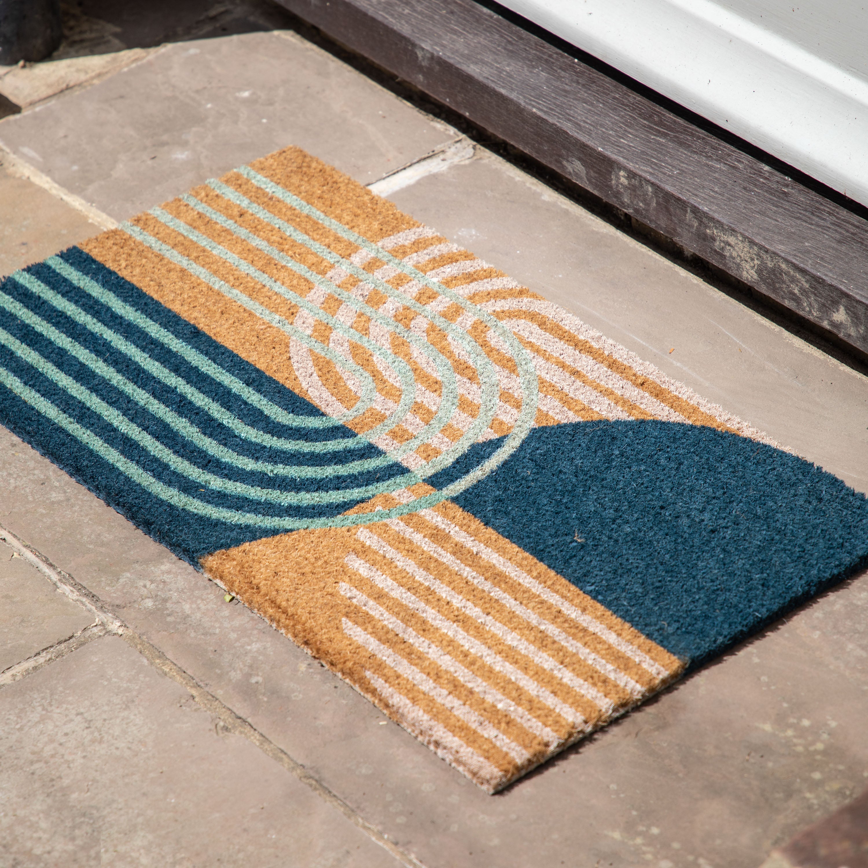Cedar Sage Abstract Design Coir Doormat Blueyellowwhite