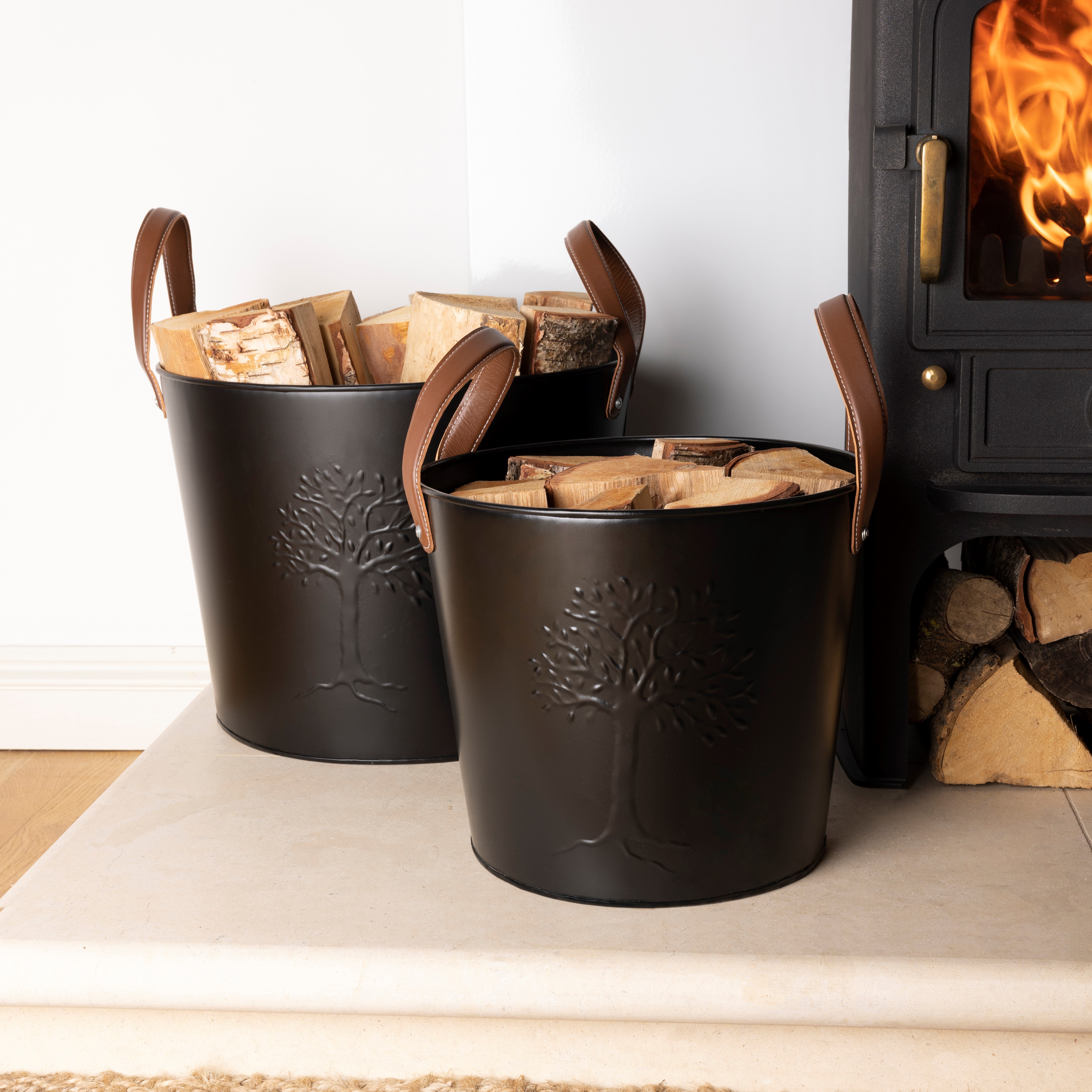 Snug - Fireside Set of 2 Mulberry Iron & Leather Firewood Buckets