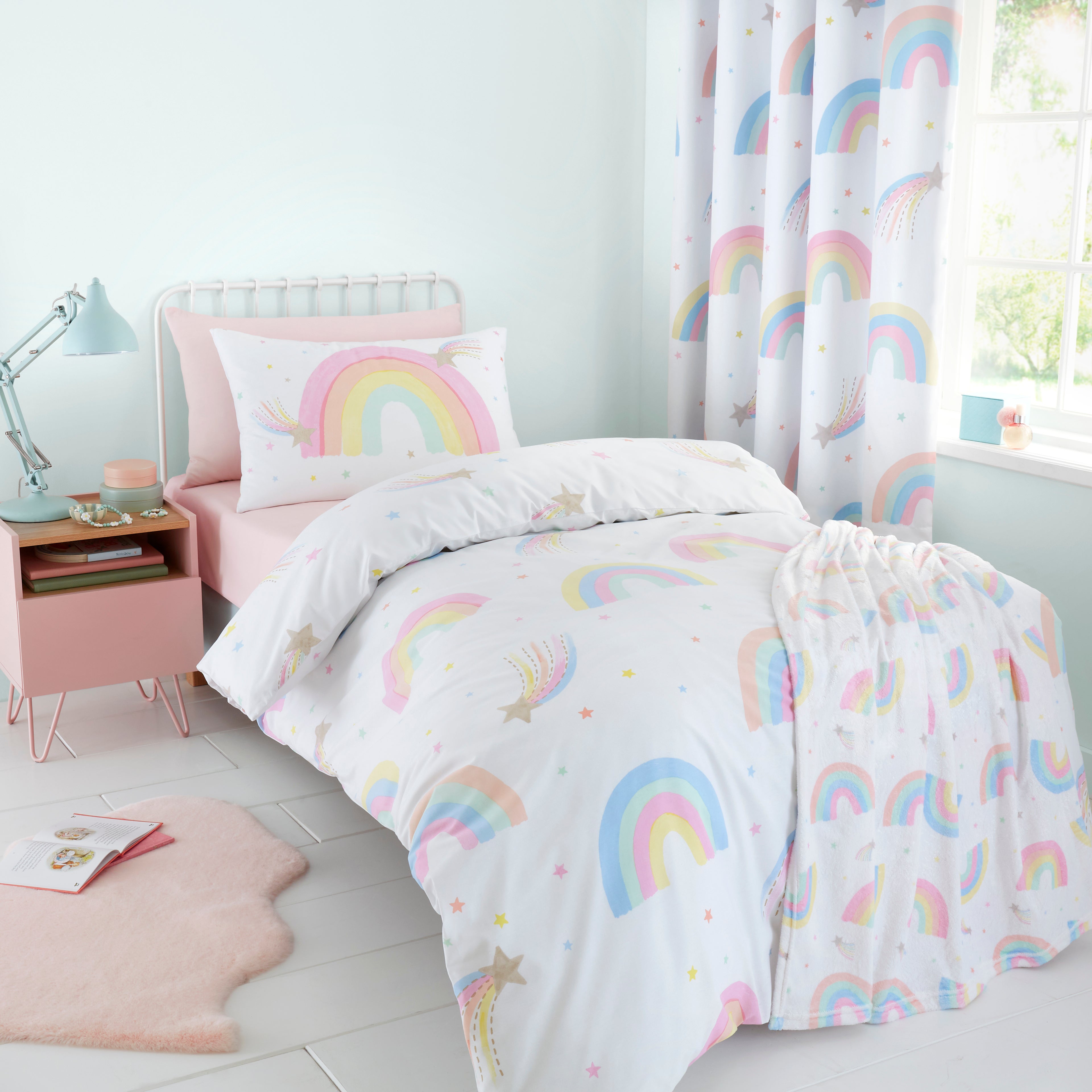 Watercolour Rainbow Duvet Cover And Pillowcase Set Whitepinkblue