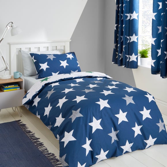 Navy Blue Stars Reversible Duvet And Pillowcase Set