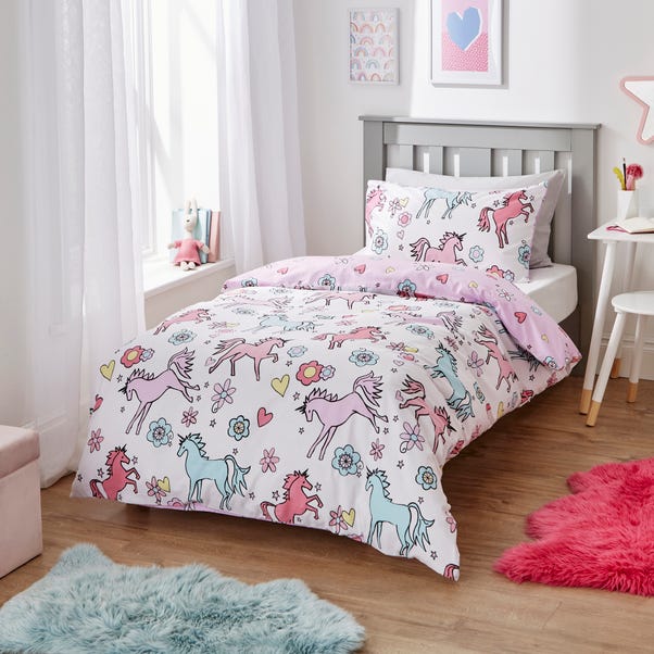 Unicorn Retro Floral Single Duvet Cover and Pillowcase Set MultiColoured undefined
