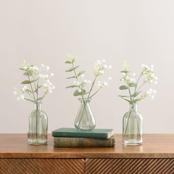 Artificial Set of 3 Eucalyptus and Gypsophila Stems in Glass Vases  image 1 of 5