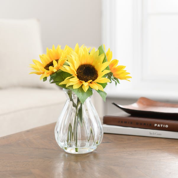 Artificial Sunflower Bouquet in Ribbed Glass Vase image 1 of 3