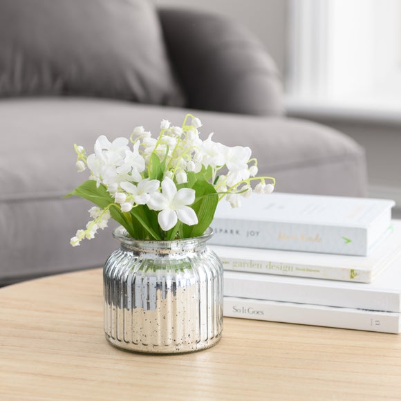 Artificial Lily of the Valley Bouquet in Silver Metallic Vase Dunelm
