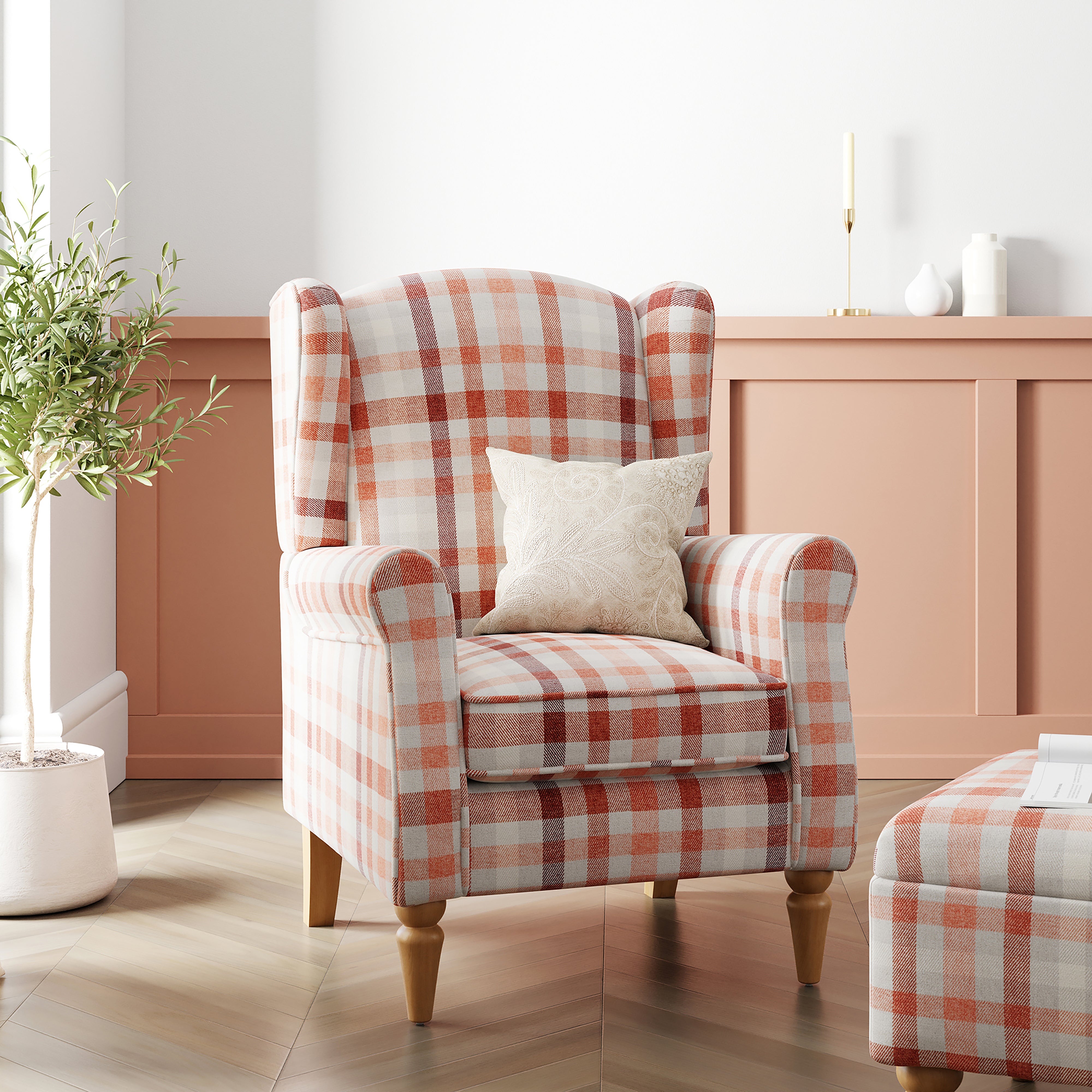 Oswald Check Armchair Bright Coral Coral