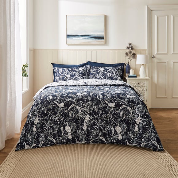Leela Tropical Birds Blue Reversible Duvet Cover and Pillowcase Set Dunelm