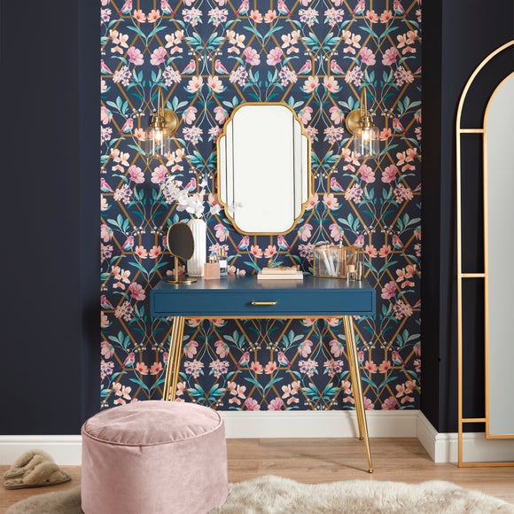 New Bathroom With Pattern Wallpaper Sparkle Floor Round Mirror With  Decorative Golden Frame And Black Basin Stock Photo Picture And Royalty  Free Image Image 77086552