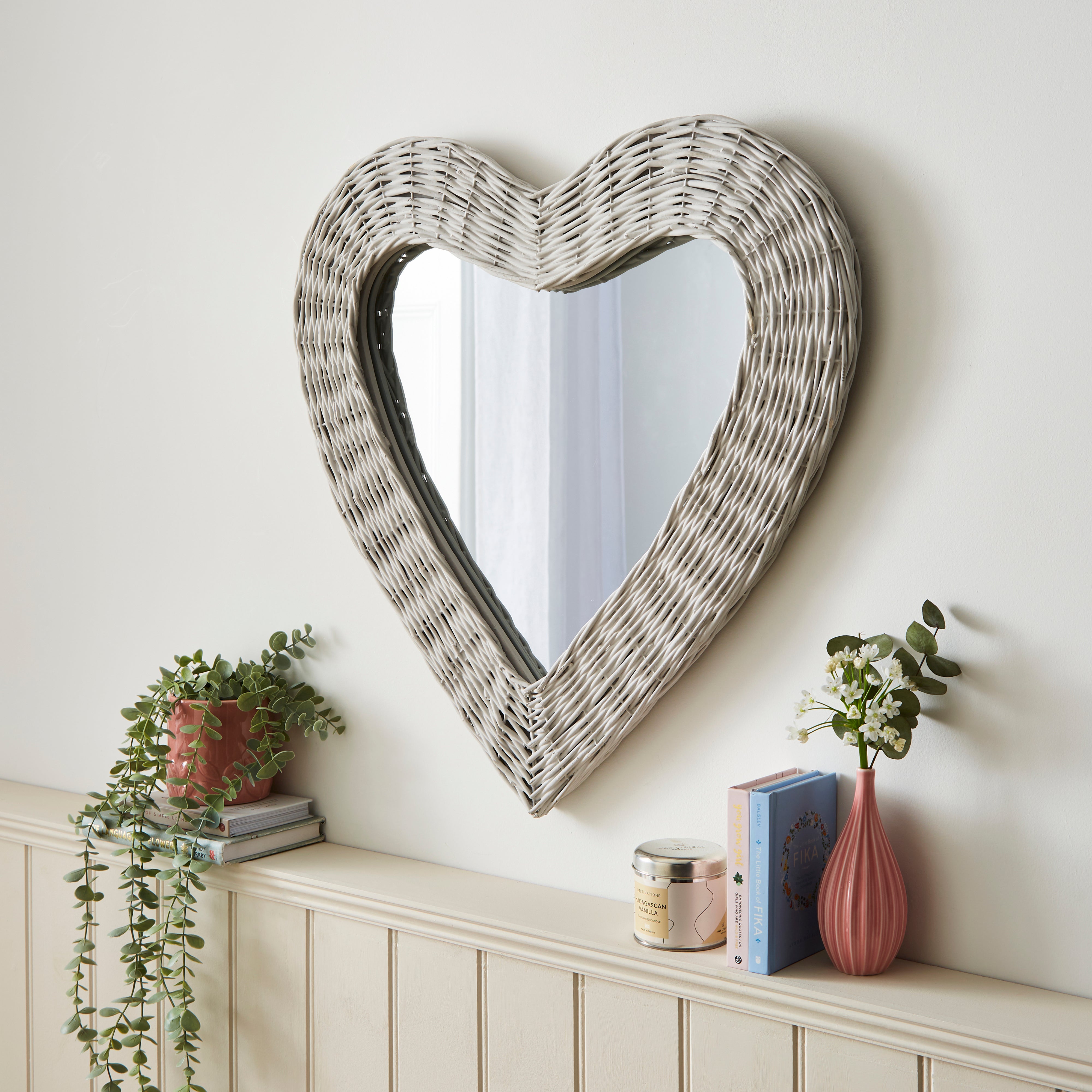 Wicker Heart Mirror 60cm Grey