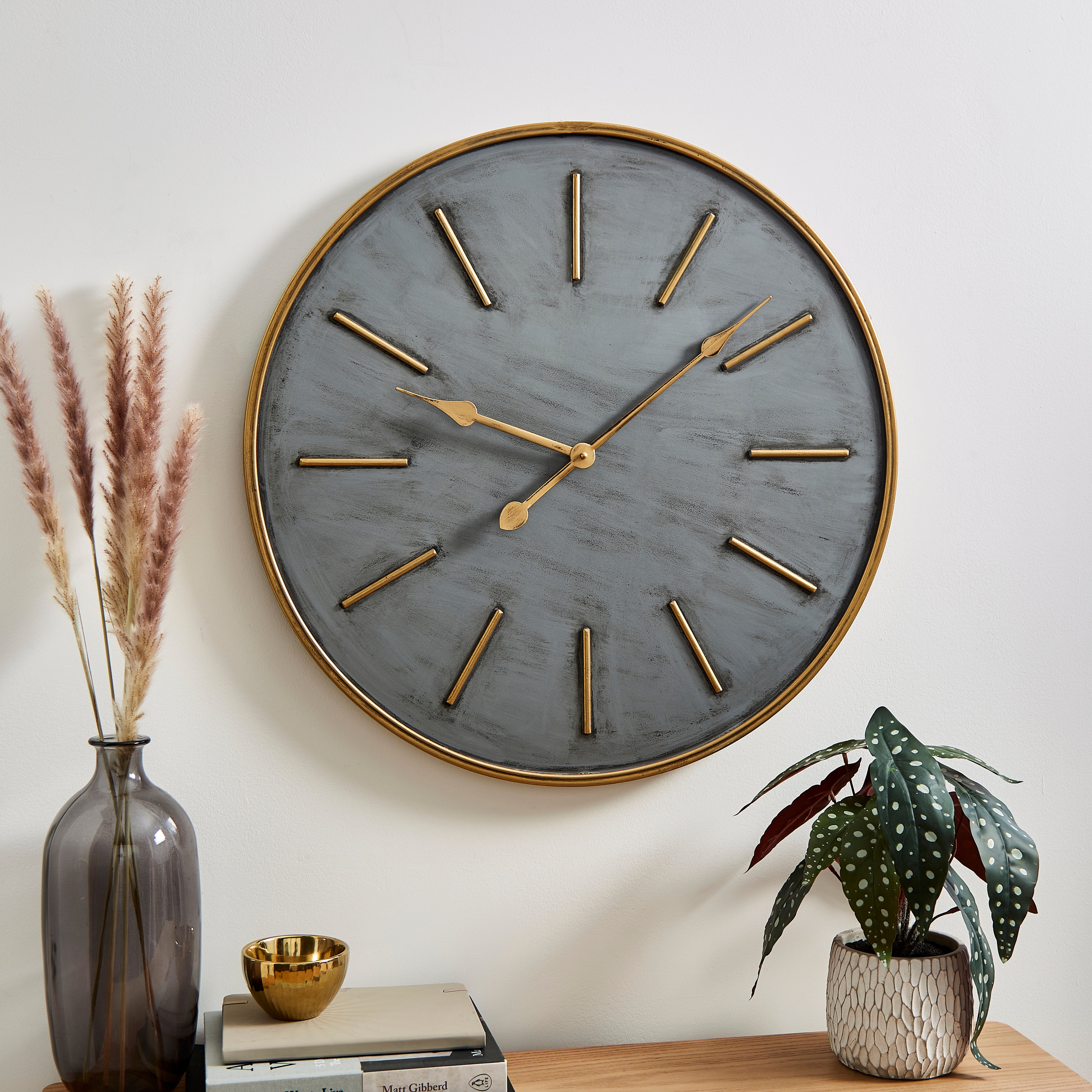 WHW Industrial Modern Wall Analog Clock, Pewter Grey Metal, Antique Gold  Numerals, Quartz Movement, 30 inches Diameter