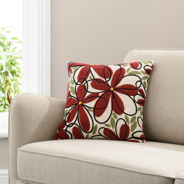Crewel Work Floral Cushion Red image 1 of 5