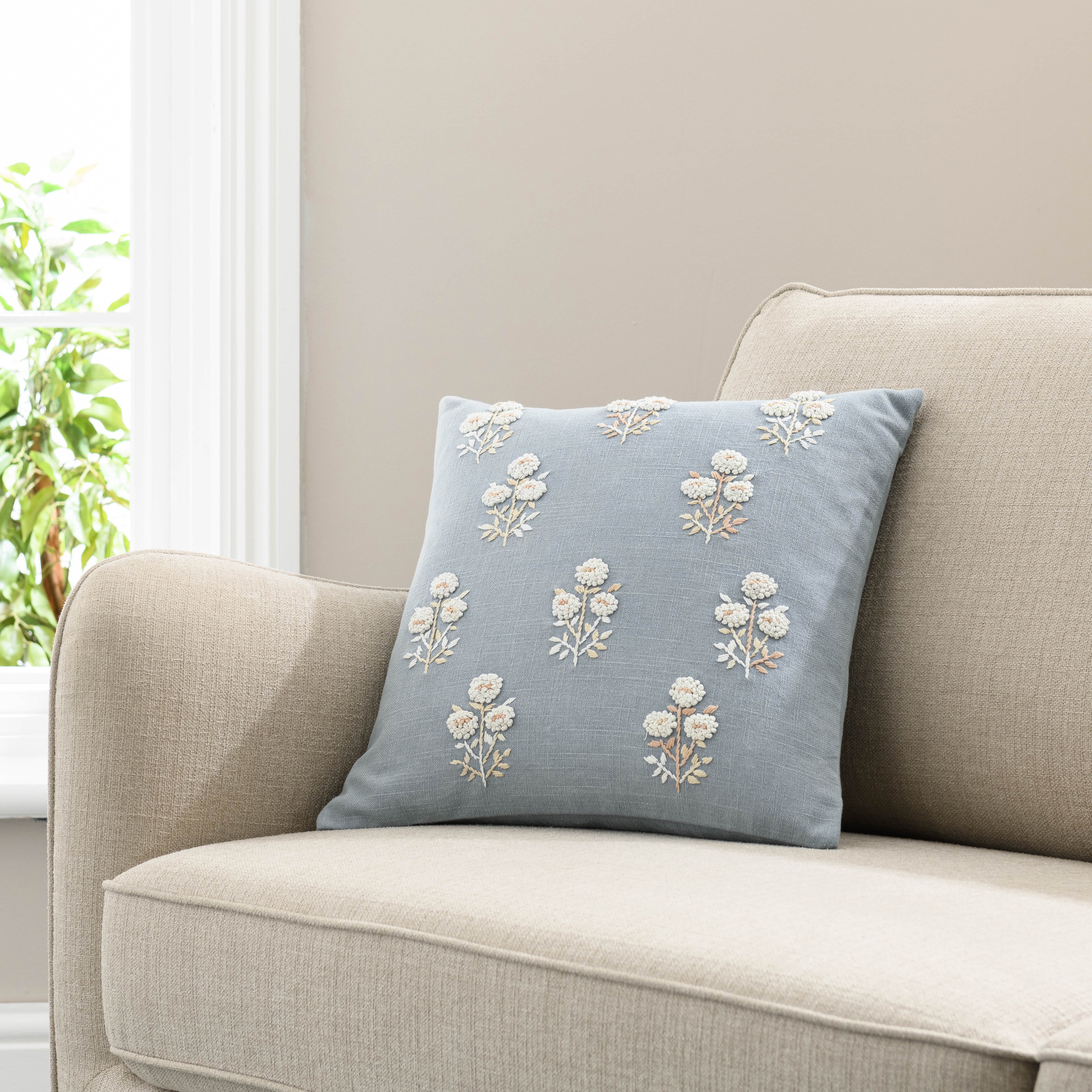 French Knot Floral Cushion Cover Blue