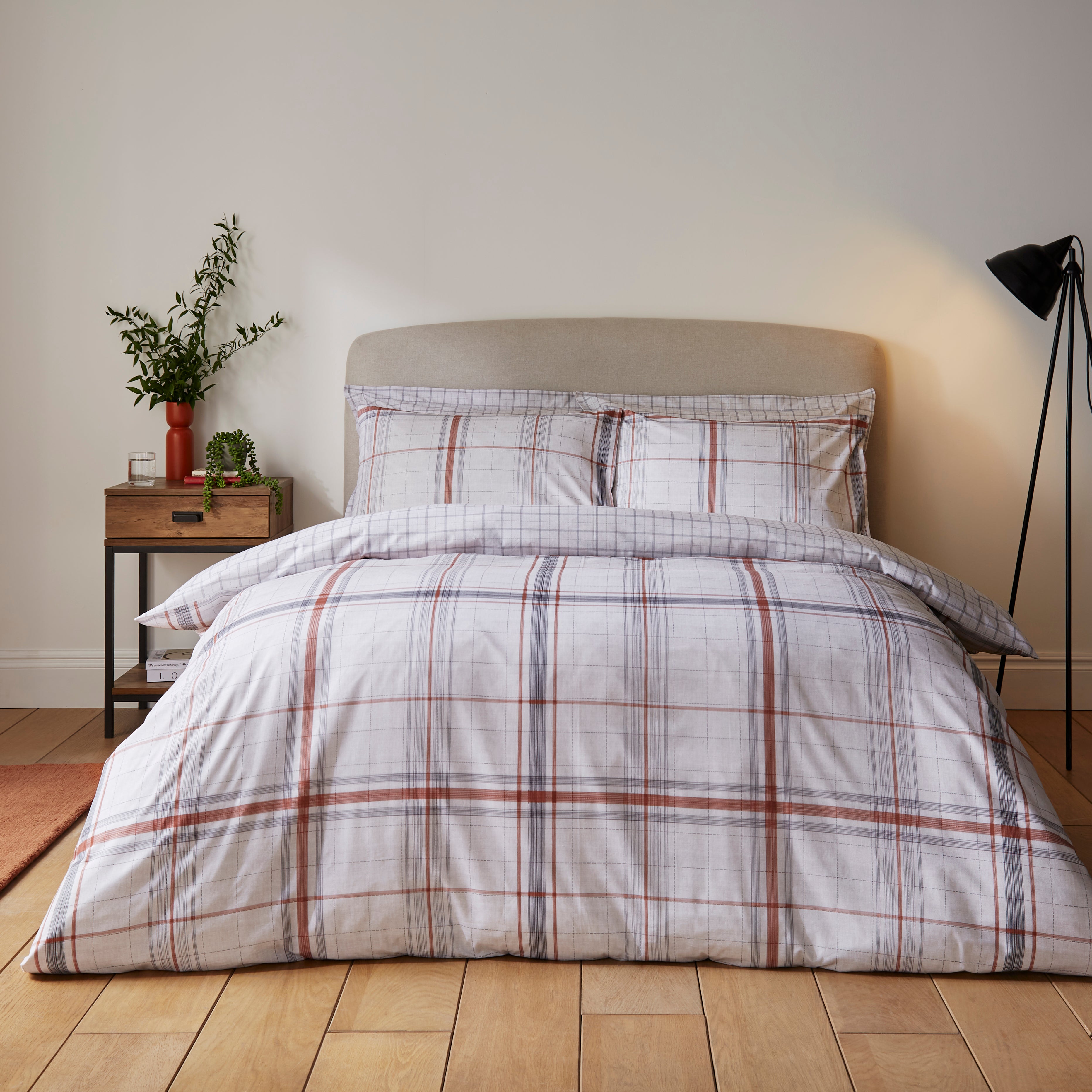 Finley Check Terracotta Duvet Cover And Pillowcase Set Whitebrowngrey