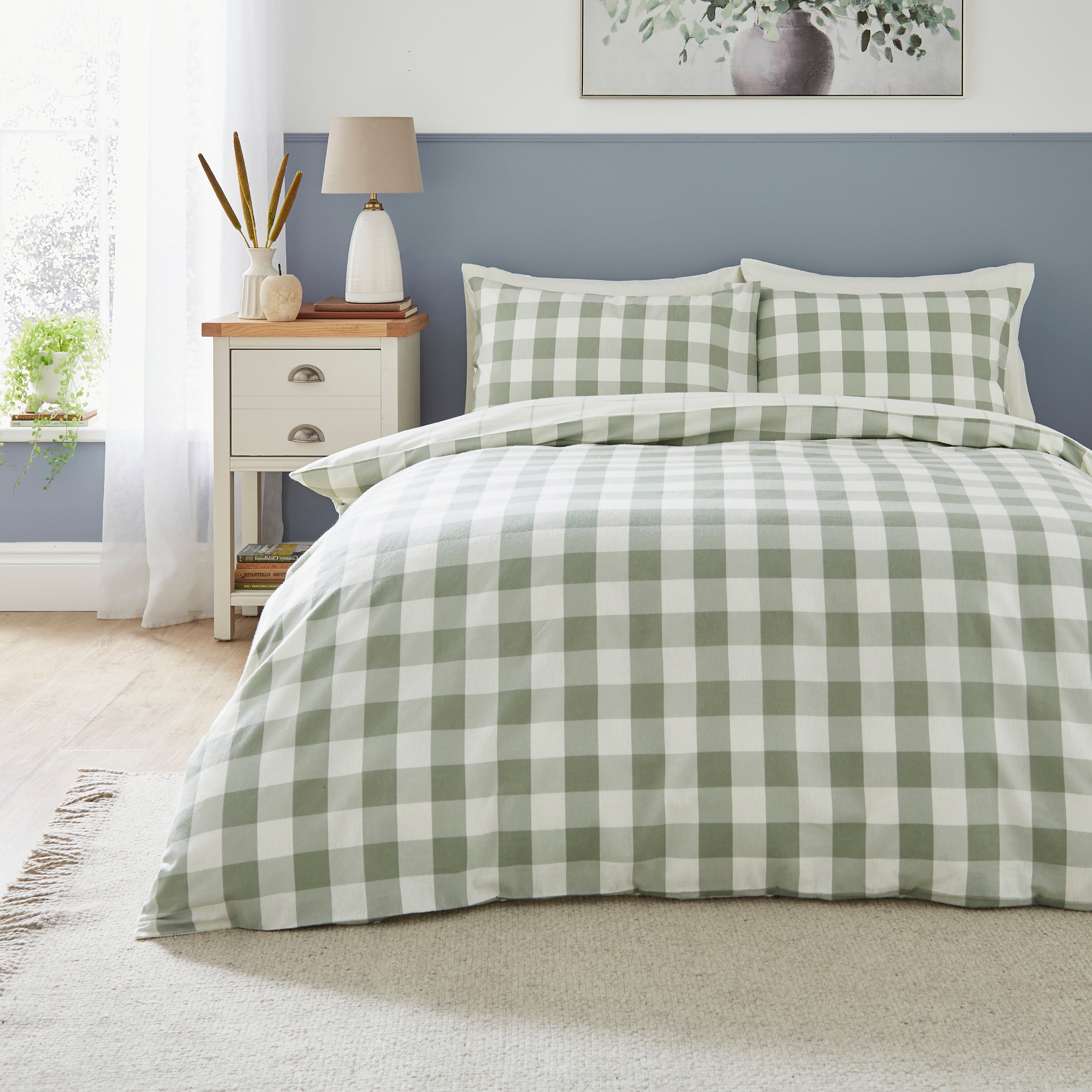 Bennett Checked Sage Brushed Cotton Duvet Cover & Pillowcase Set