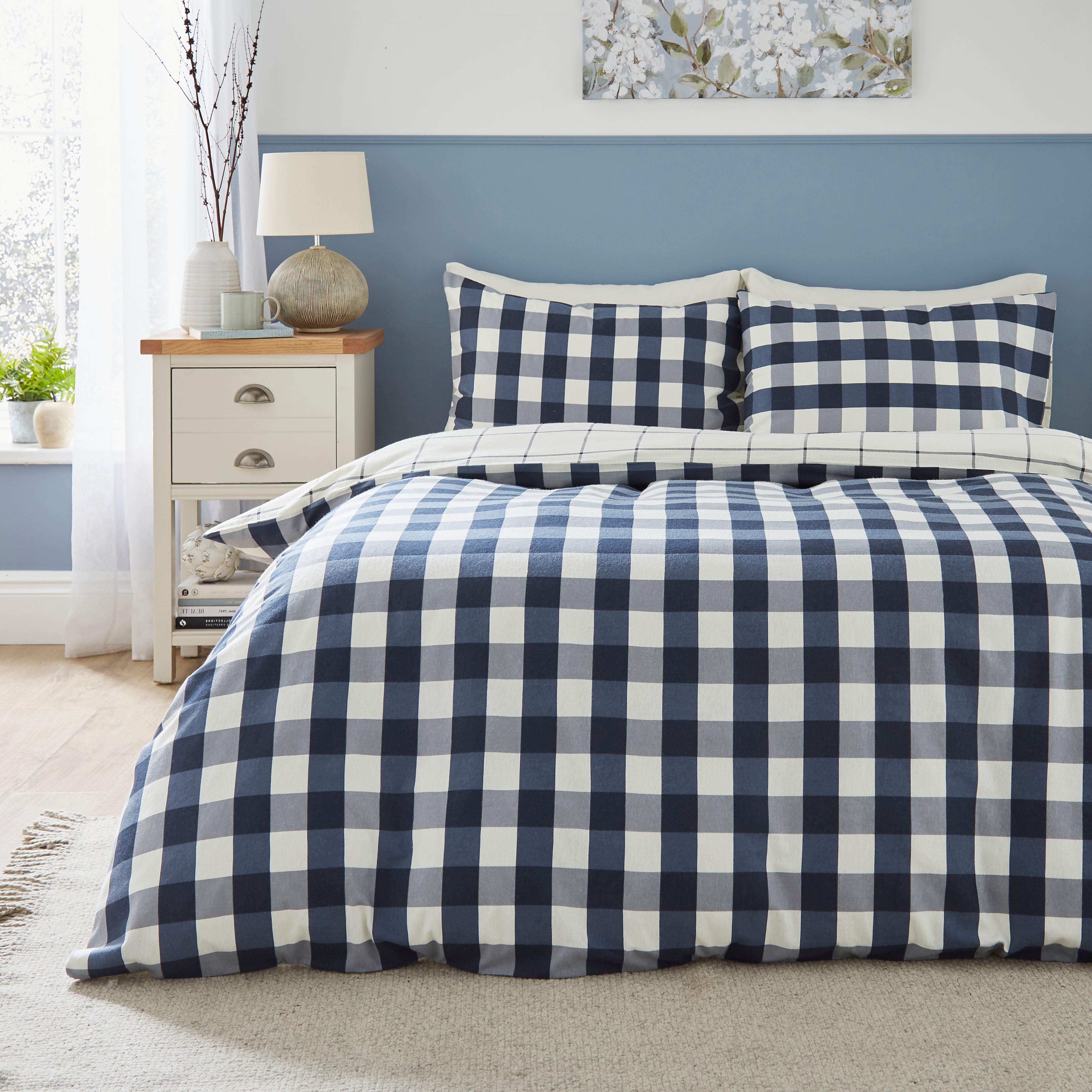 Bennett Checked Navy Brushed Cotton Duvet Cover Pillowcase Set Navy Blue