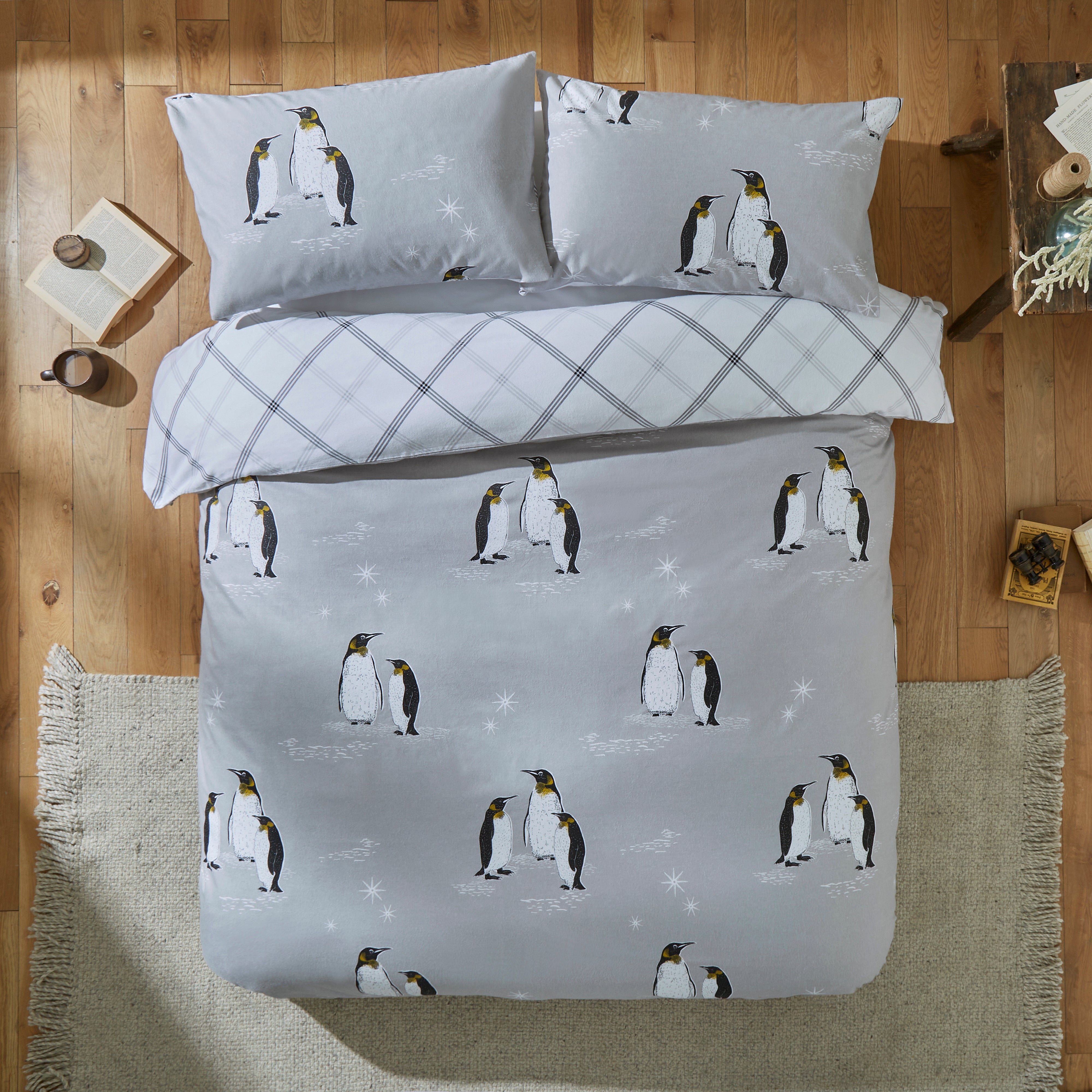 Emperor Penguins 100 Brushed Cotton Reversible Duvet Cover Pillowcase Set Grey