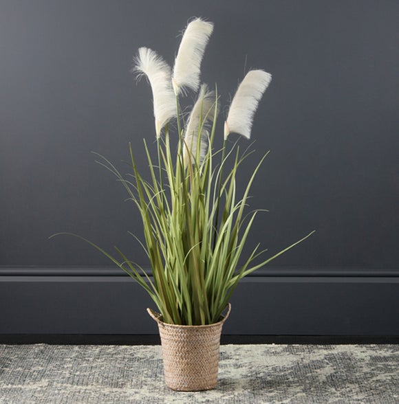 Artificial Green And Cream Pampas Grass In Woven Basket Plant Pot