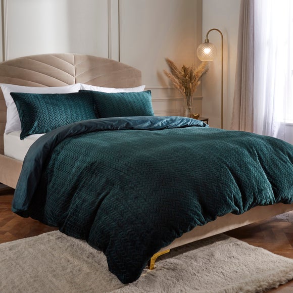 Amelia Carved Fleece Bottle Green Duvet Cover and Pillowcase Set Dunelm