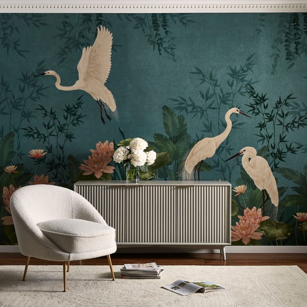 Cranberry and Laine Opulent Crane Peacock Mural image 1 of 4