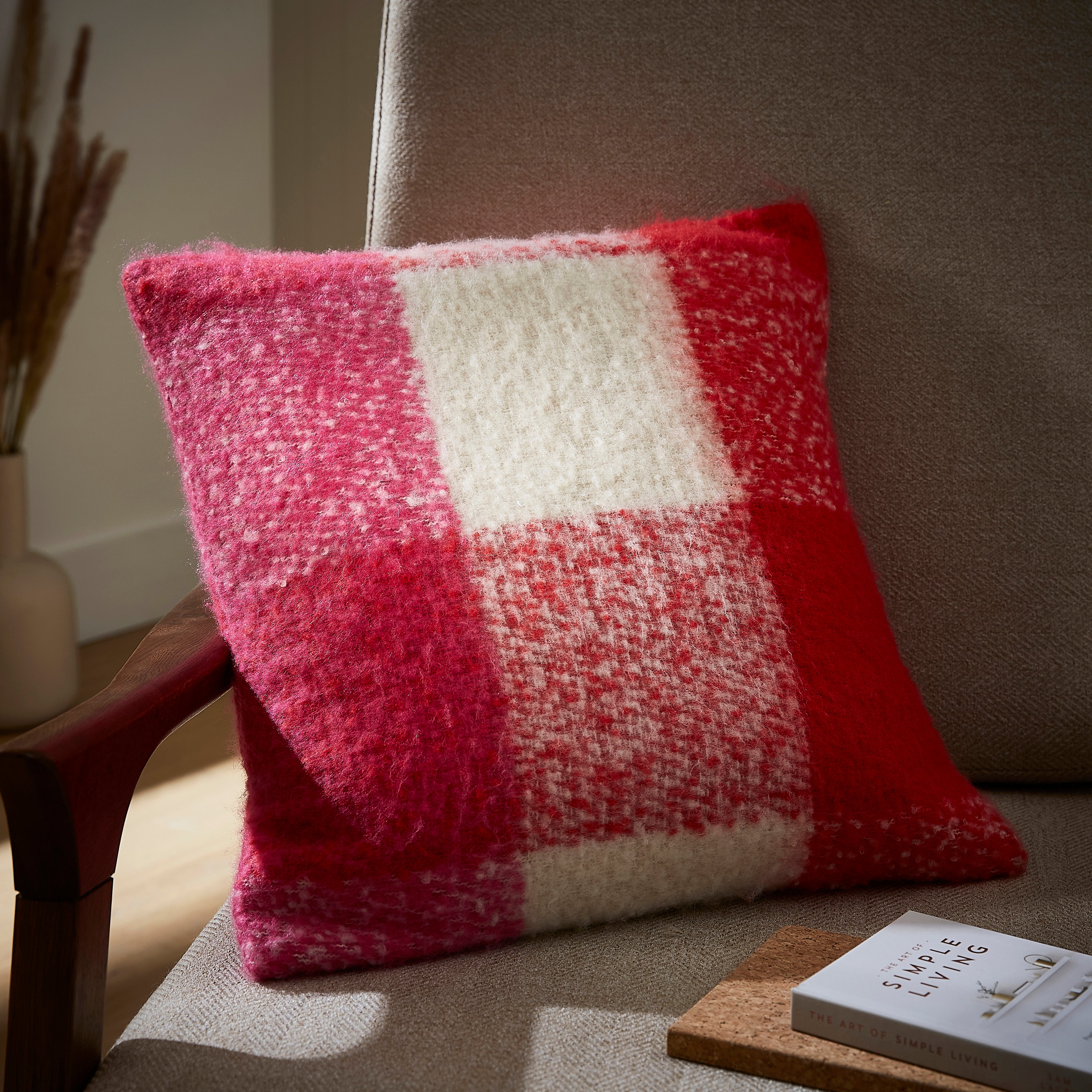 Image of Dunelm Mohair Fuchsia Pink Check Cushion 43cm x 43cm x 10cm Fuchsia