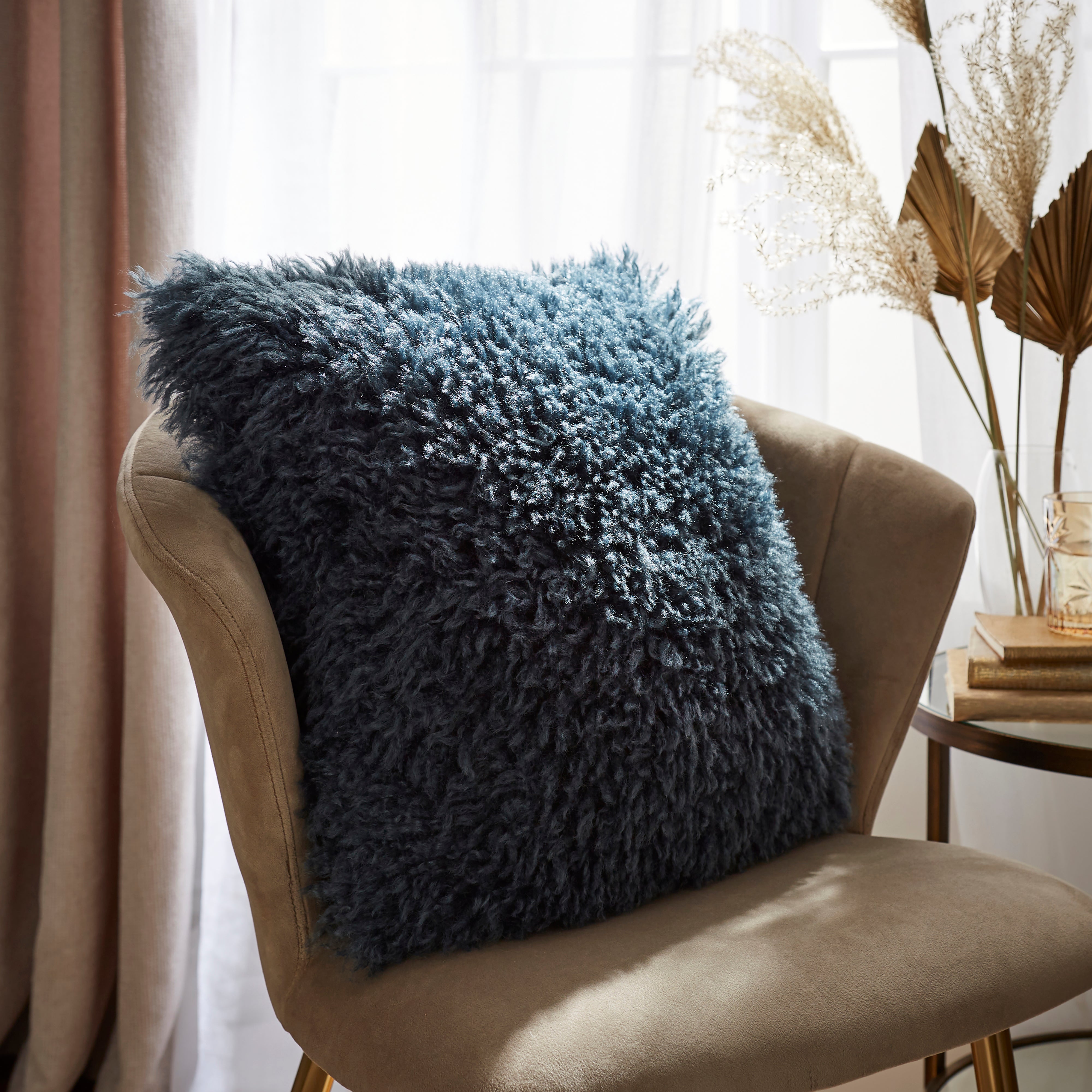 Dunelm Mongolian Faux Fur Pacific Blue Cushion 43cm X 43cm X 10cm Pacific Blue