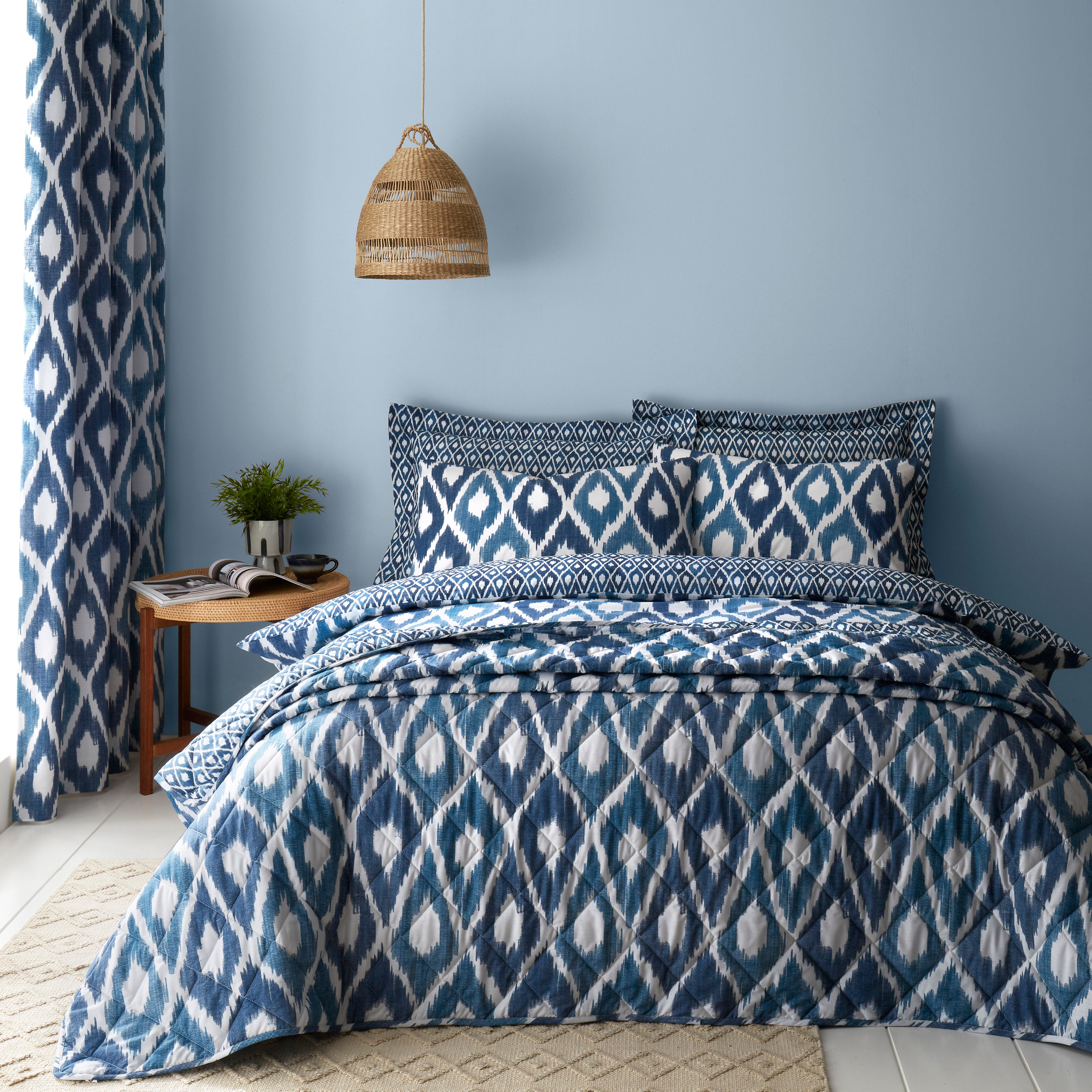 Ayla Ikat Blue Bedspread Bluewhite