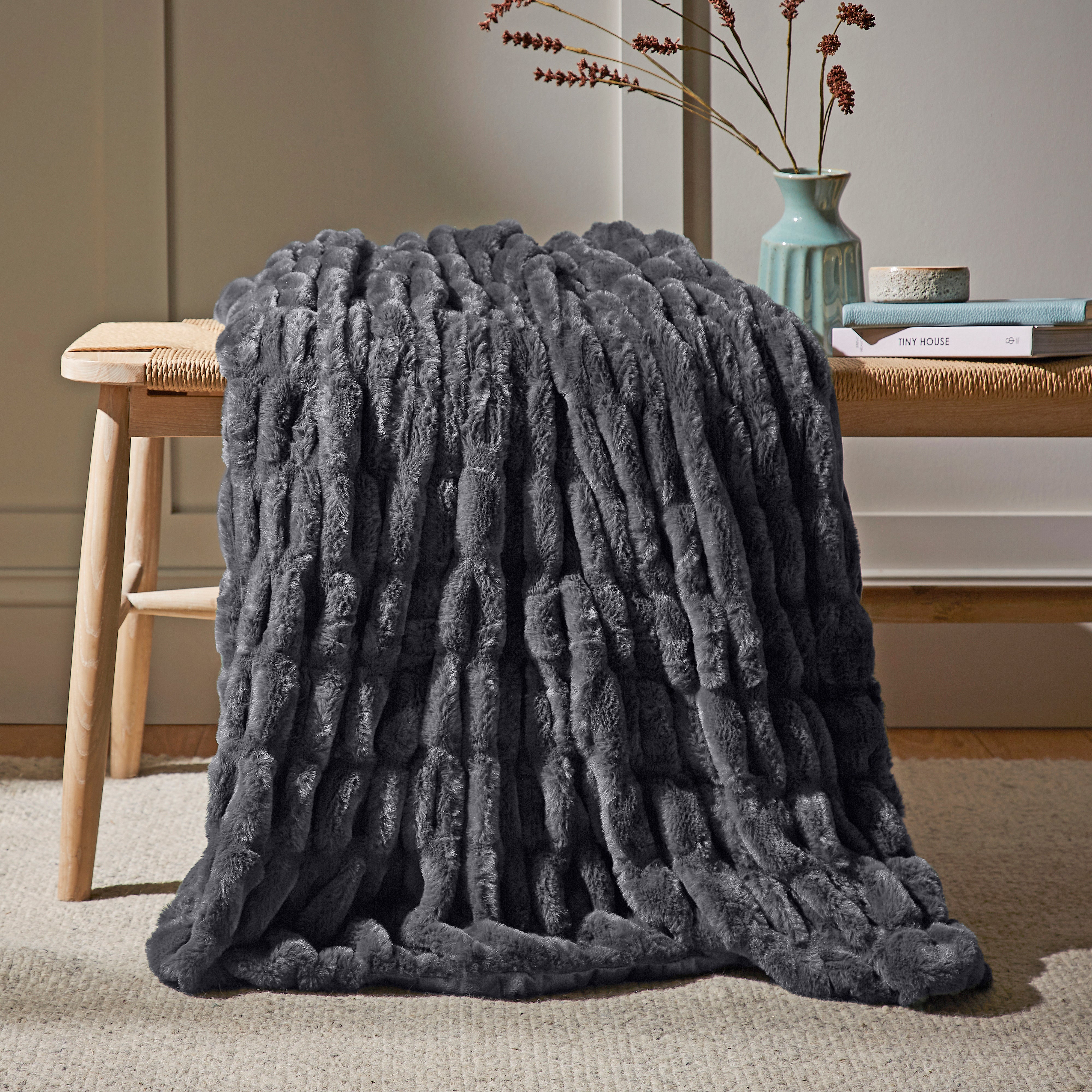Ruched Faux Fur Throw Graphite Grey