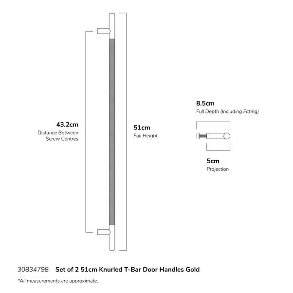 Set of 2 Antique Brass Knurled T-Bar Door Handles | Dunelm