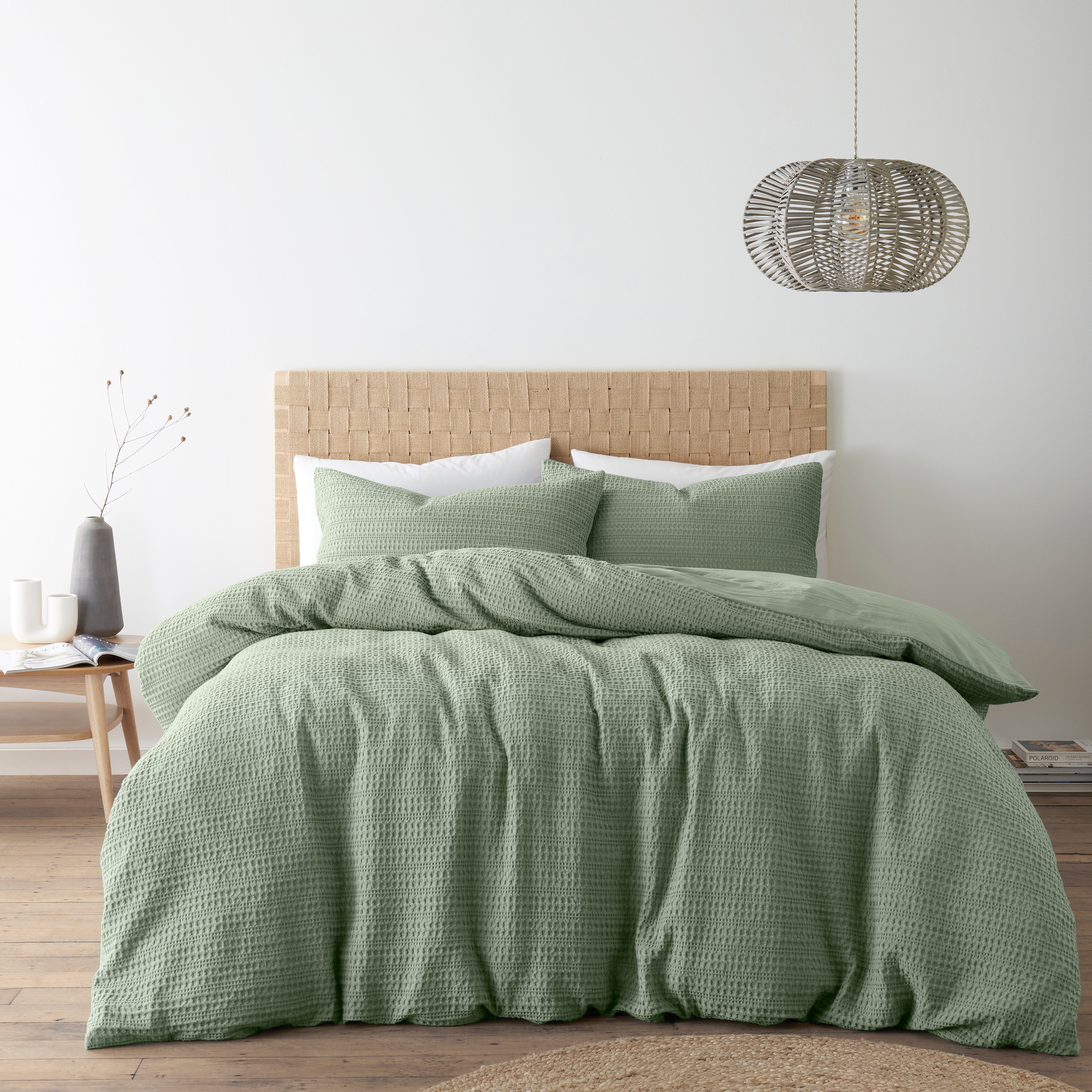 Amberley Waffle Cotton Sage Duvet Cover and Pillowcase Set Green