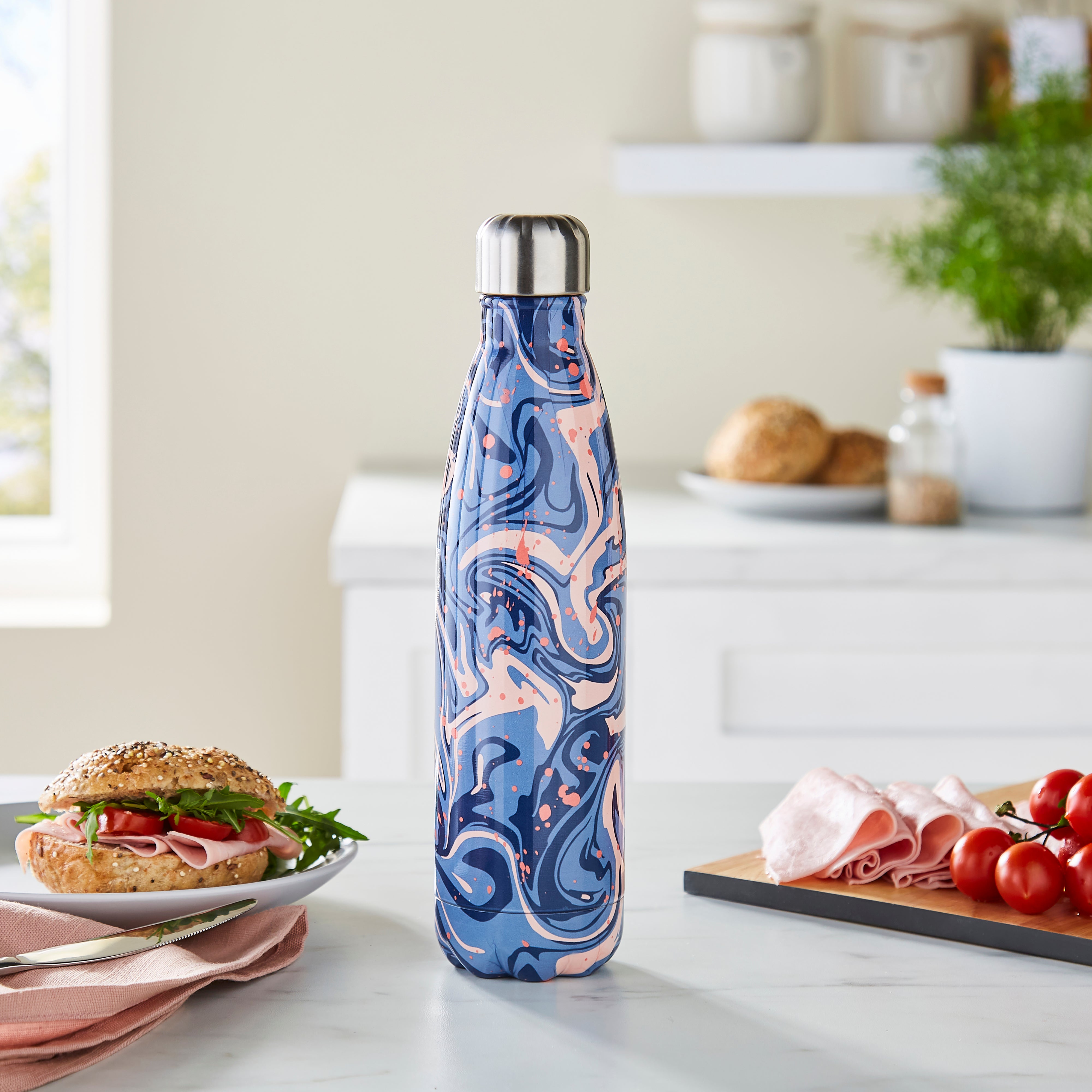 Image of 500ml Water Flask, Navy and Pink Marble Navy (Blue)