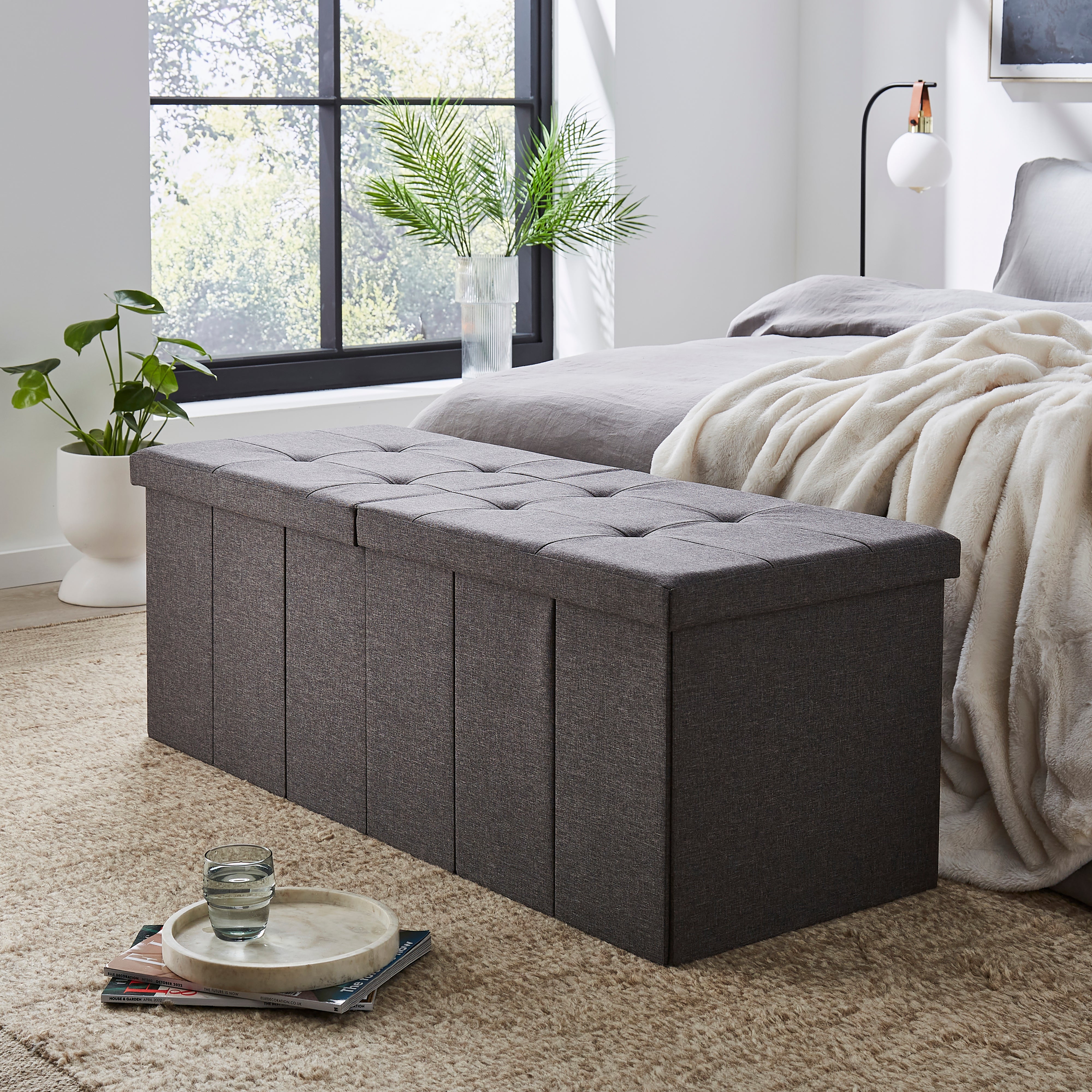 Faux Linen Bed Ottoman Grey