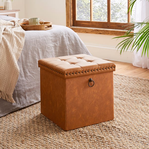 Faux Leather Cube Ottoman Tan image 1 of 5