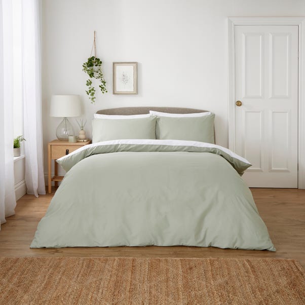 Plain Dyed Reversible Duvet Cover and Pillowcase Set White and Sage