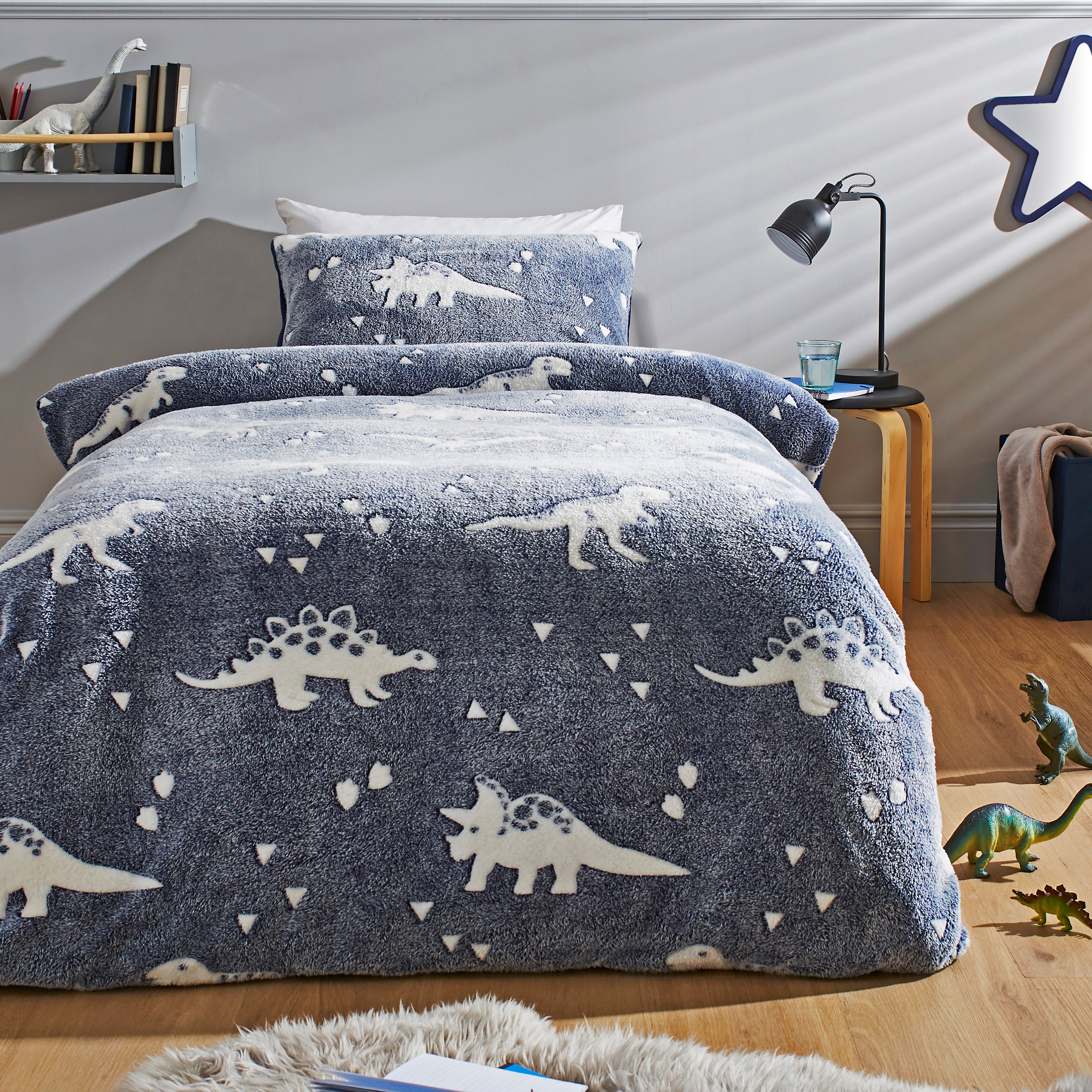 Dunelm Blue Dinosaur Fleece Duvet Cover And Pillowcase Set Size Single Blue