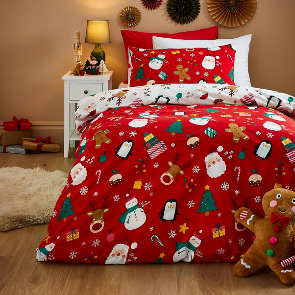 Festive Santa Reindeer Red Duvet Cover & Pillowcase Set image 1 of 4