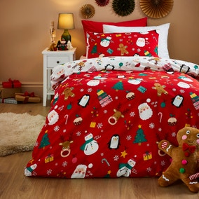 Festive Santa Reindeer Red Duvet Cover & Pillowcase Set