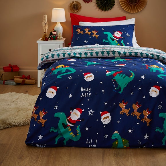 Santa Dino Navy Duvet Cover Pillowcase Set