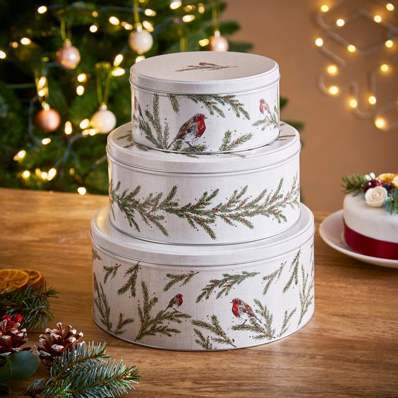 Christmas cake storage tin set with robins