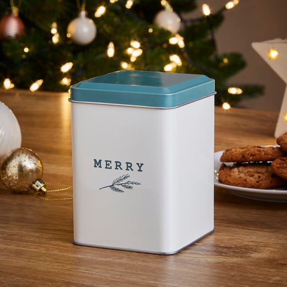 Christmas Tree Tin Canister in White & Blue Lid with Merry Label