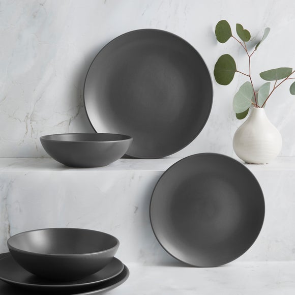 Stoneware Charcoal 12 Piece Dinner Set Dunelm