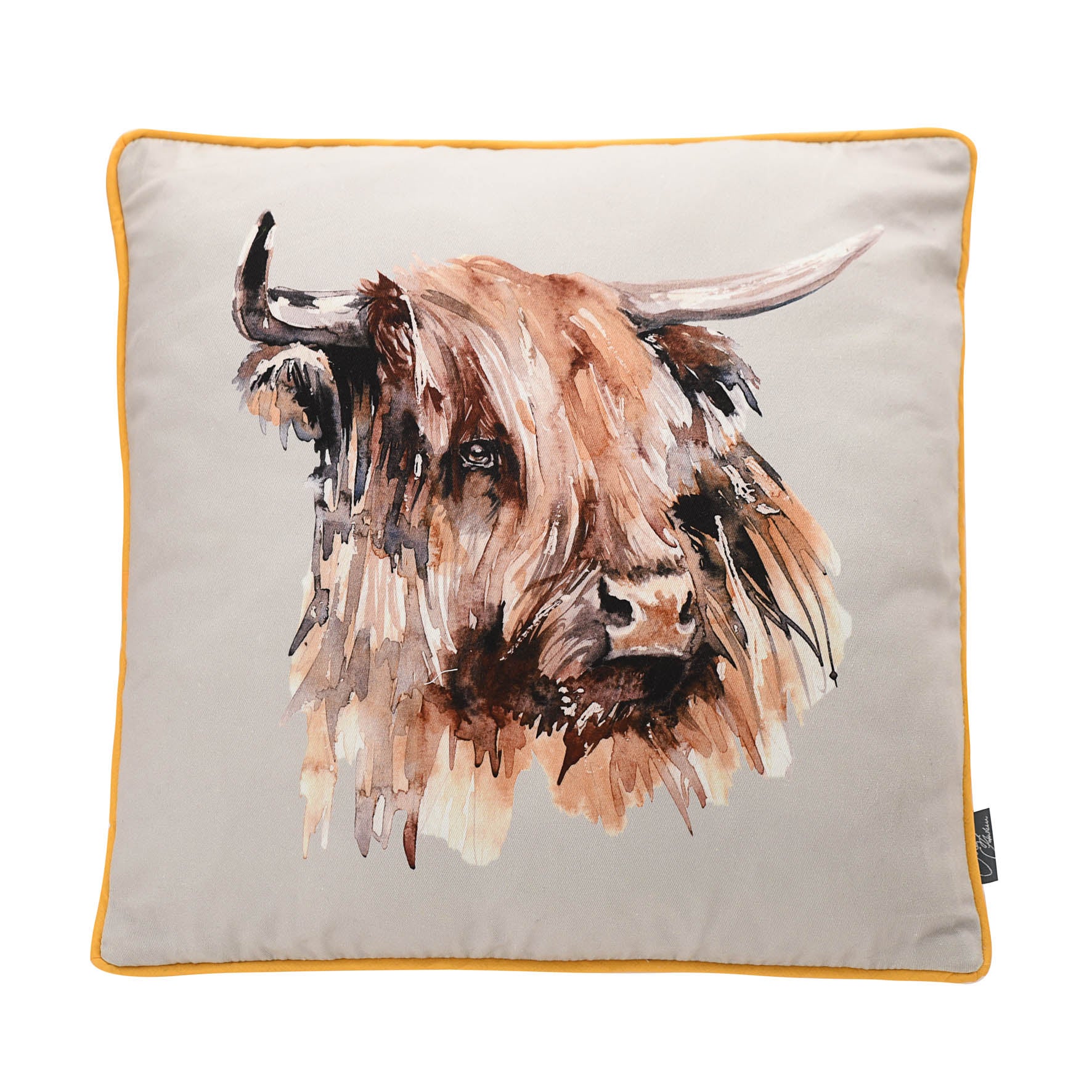 Meg Hawkins Highland Cow Cushion Grey
