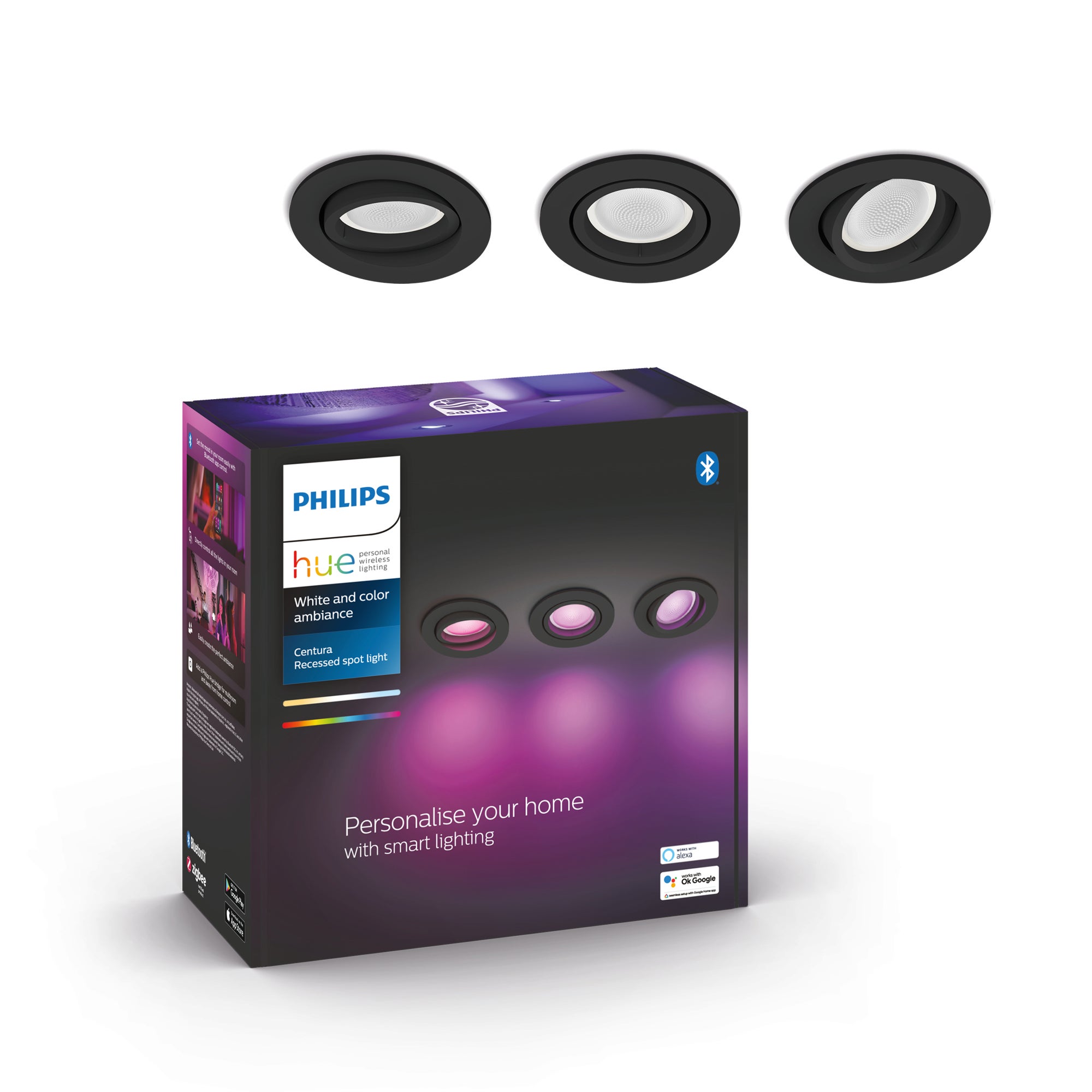 Philips HUE Set of 3 Centura Smart LED Ceiling Spotlights Black