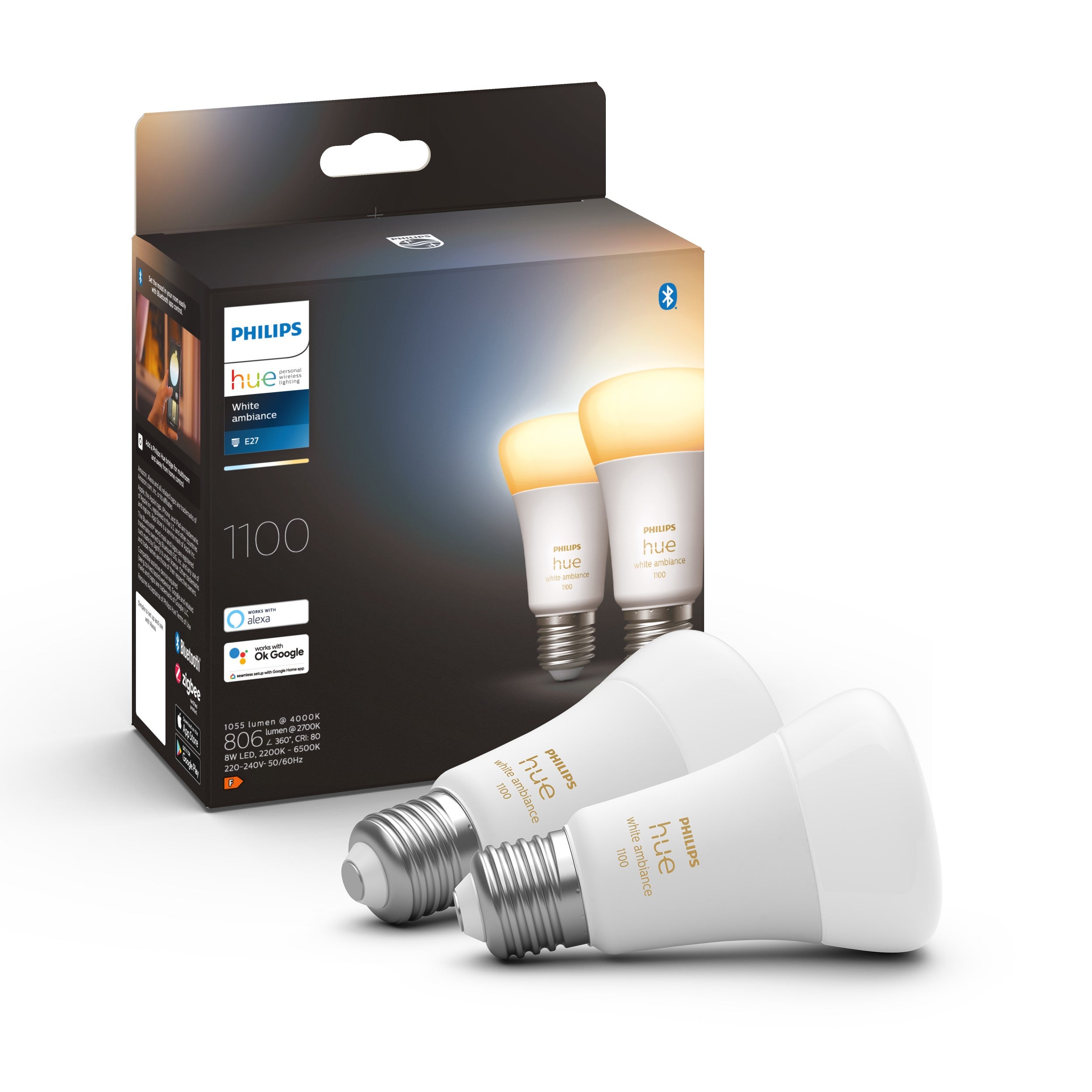 Philips HUE Smart 8 Watt ES LED Tunable GLS Bulb 2 Pack White