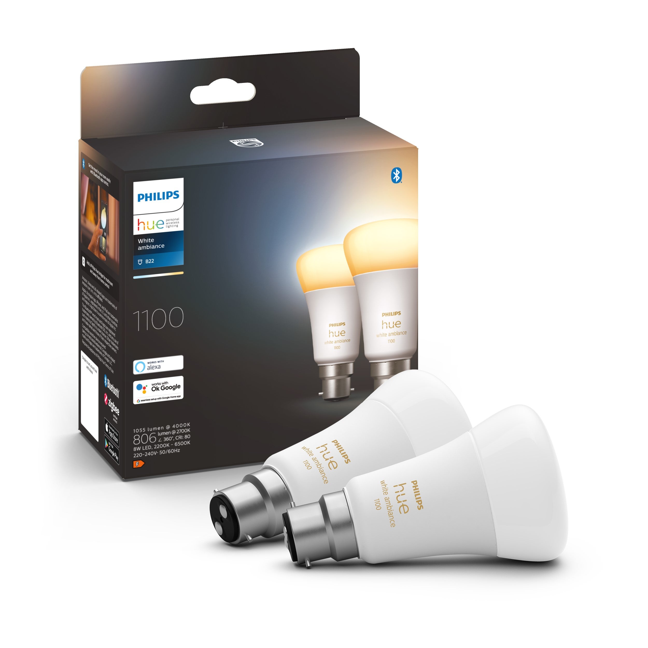 Philips HUE Smart 8 Watt BC LED Tunable GLS Bulb 2 Pack White