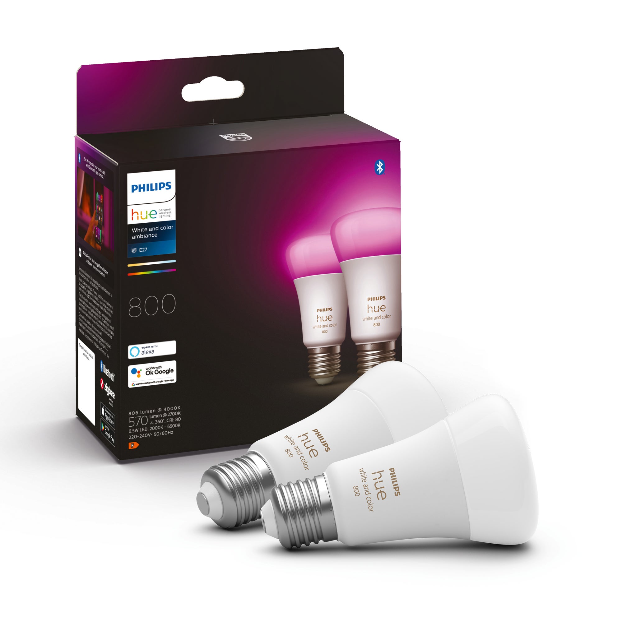 Philips HUE Smart 6.5 Watt ES LED Colour Changing GLS Bulb 2 Pack White