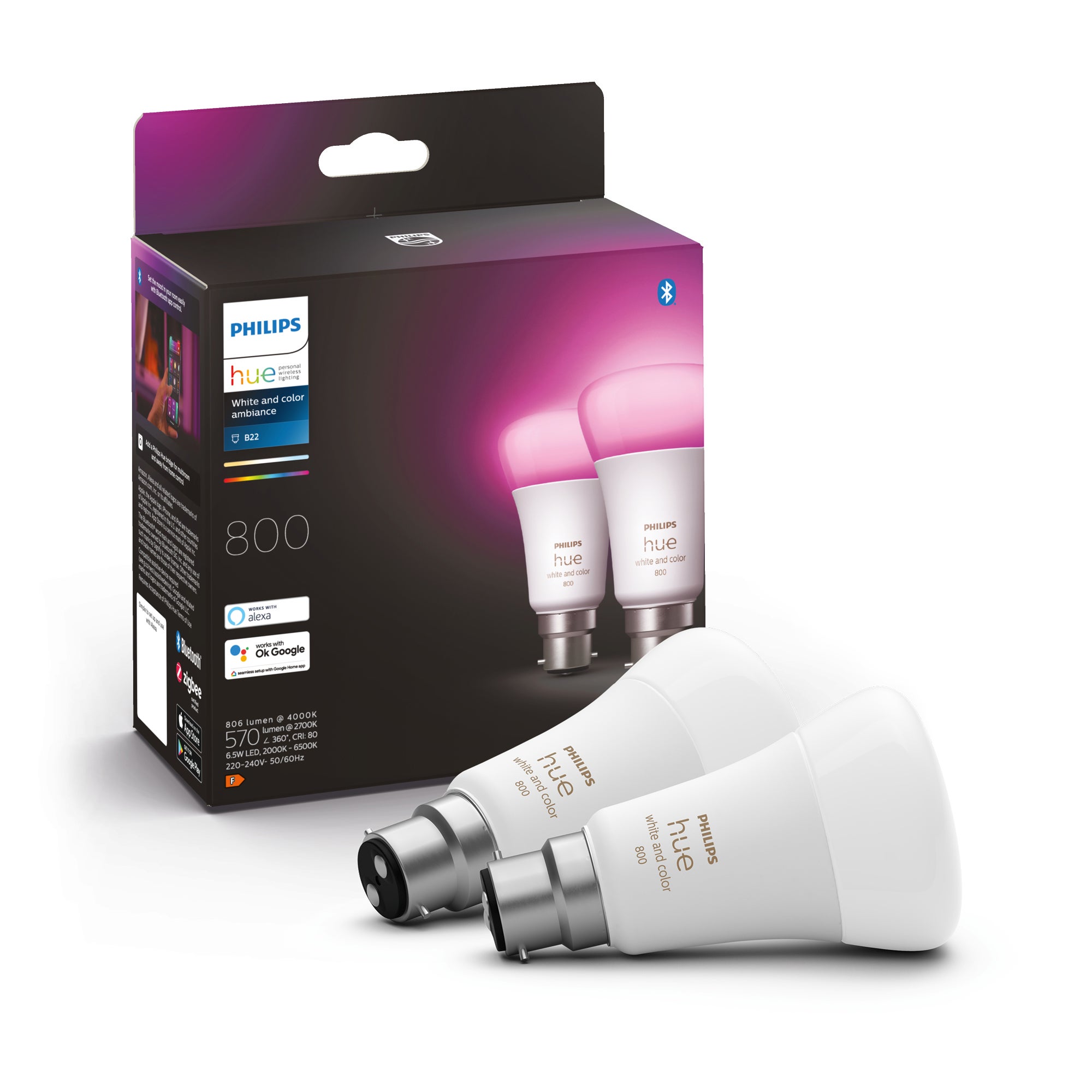 Philips HUE Smart 6.5 Watt BC LED Colour Changing GLS Bulb 2 Pack White