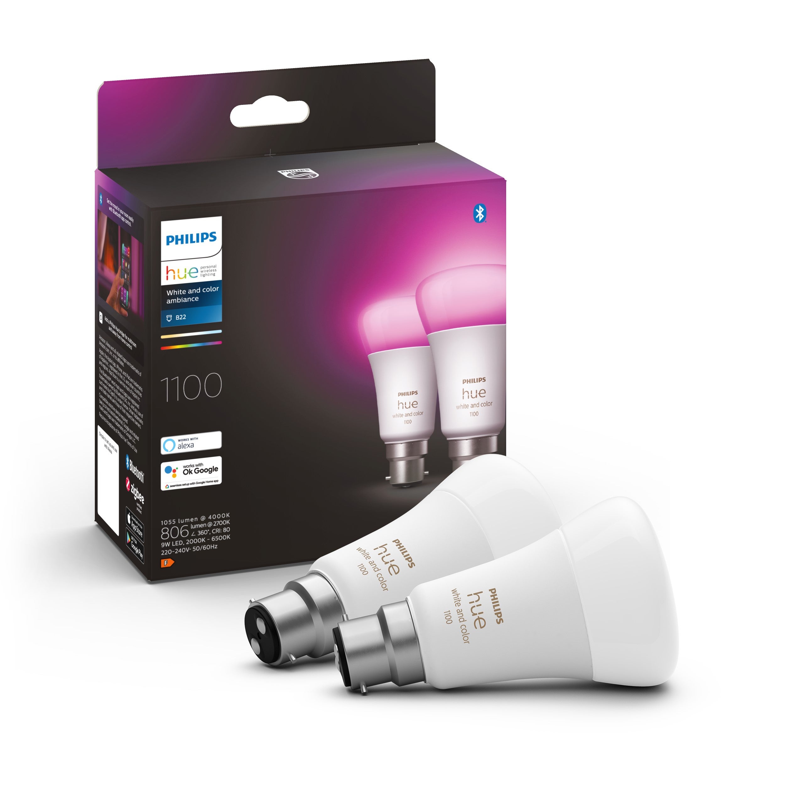 Philips HUE Smart 8 Watt BC LED Colour Changing GLS Bulb 2 Pack White