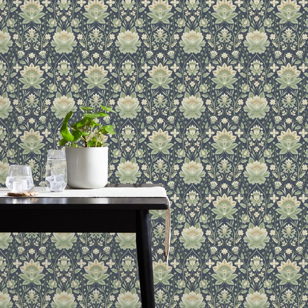 Mirrored Floral Navy Wallpaper image 1 of 2