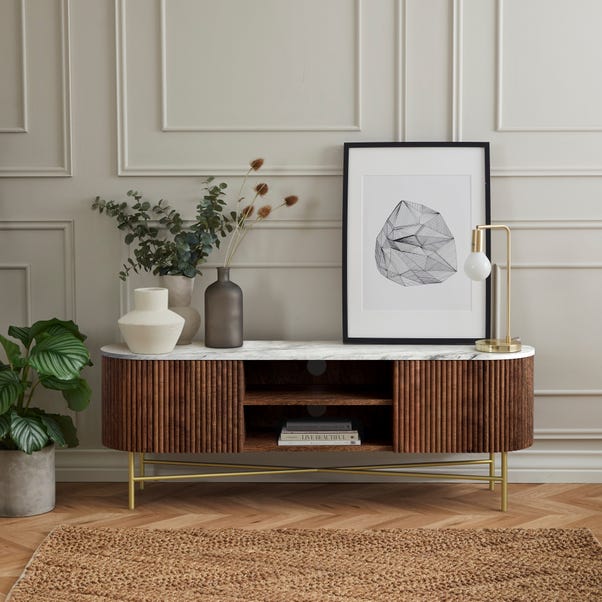 Kiera Wide TV Unit, Mango Wood & Real Marble for TVs up to 67" image 1 of 2