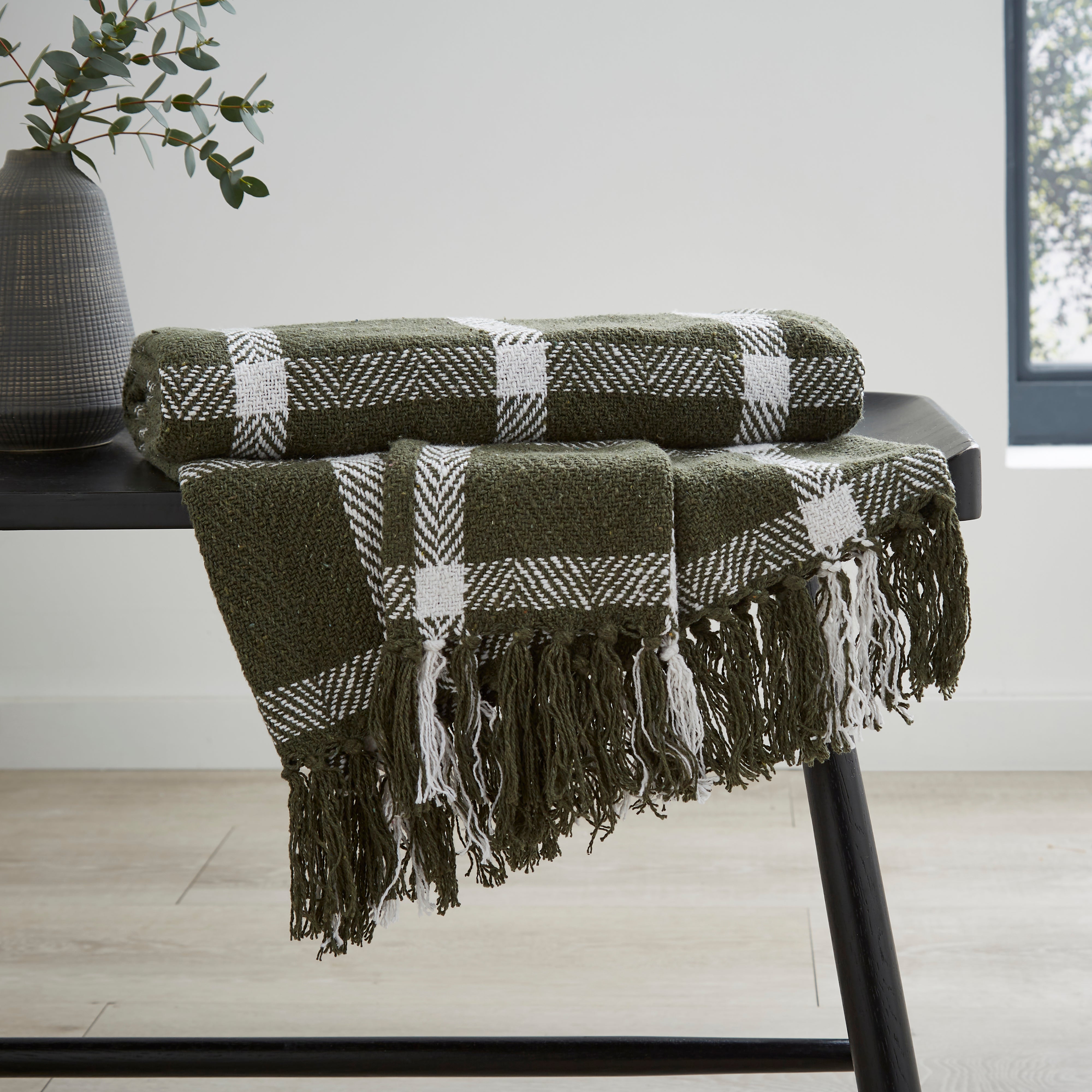 Woven Cotton Check Throw 120x150cm Olive